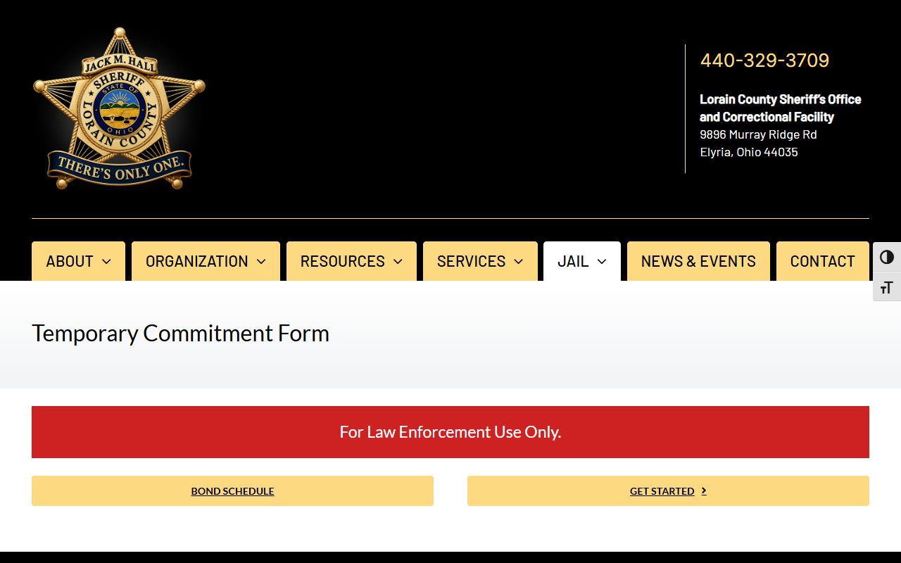 Lorain County Sheriff's Office temporary commitment page for jail commitments