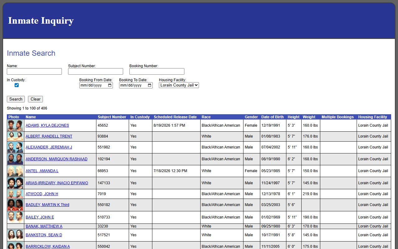 Lorain County inmate population roster result list with booking photo fields
